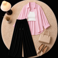 Pink Button Down Shirt With Inner & Black Flapper Trouser