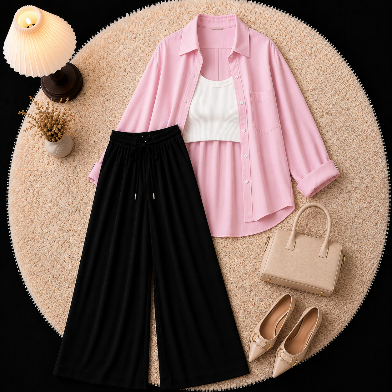 Pink Button Down Shirt With Inner & Black Flapper Trouser
