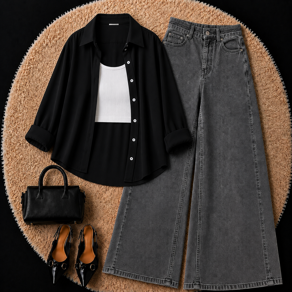 Black Button Down Shirt With White Inner & Grey Leg Jeans