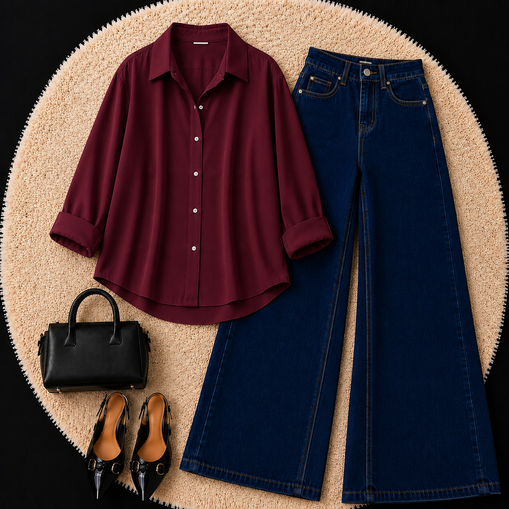 Burgundy Button down shirt with Dark Blue Jeans