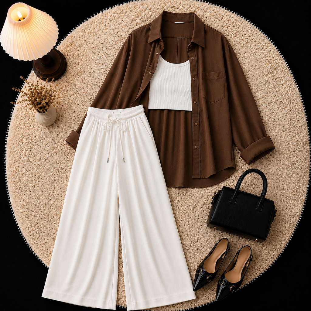 Brown Button Down Shirt With Inner & White Flapper Trouser