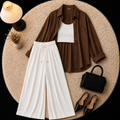 Brown Button Down Shirt With Inner & White Flapper Trouser