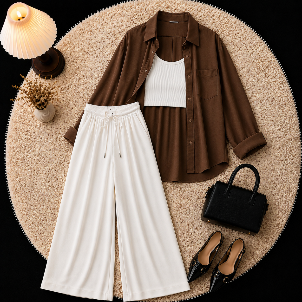 Brown Button Down Shirt With Inner & White Flapper Trouser