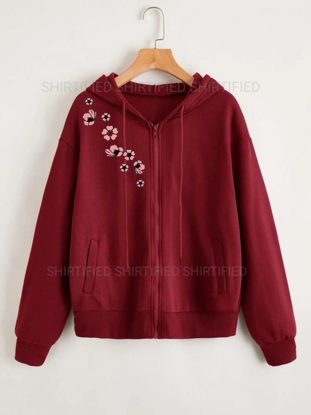 maroon zipper pink flower on shoulder