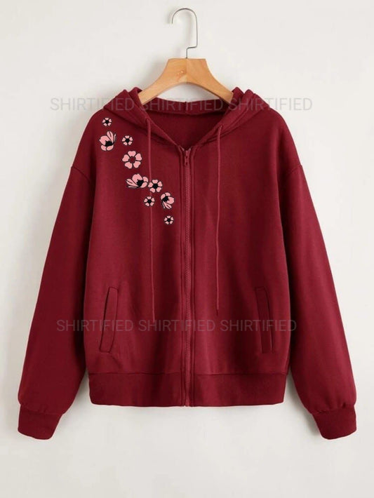 maroon zipper pink flower on shoulder