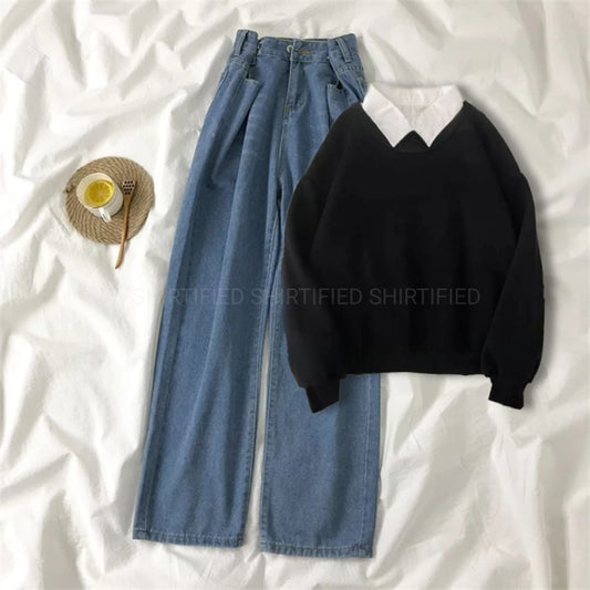 black Collared Sweatshirt w midblue wideleg Jeans