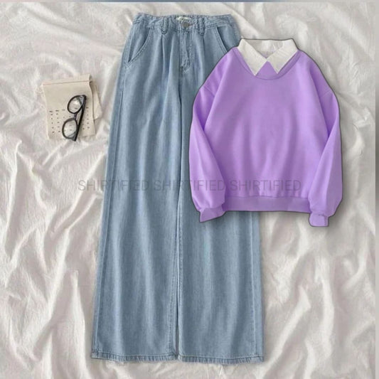 Lilac Collared Sweatshirt w ice blue wideled Jeans