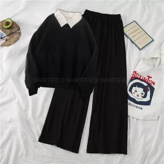 black Collared Sweatshirt w black flapper Trousers