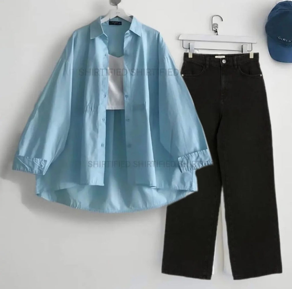 Sky blue Button down shirt with black wideleg jeans