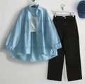 Sky blue Button down shirt with black wideleg jeans