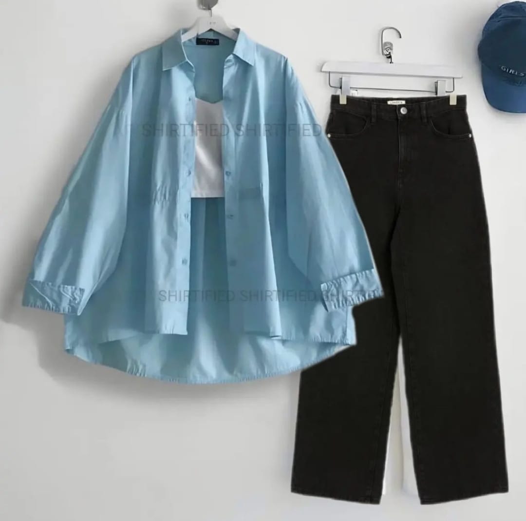Sky blue Button down shirt with black wideleg jeans