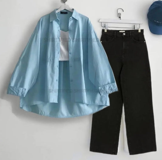 Sky blue Button down shirt with black wideleg jeans