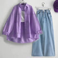 Lilac Button down shirt with iceblue wideleg jeans