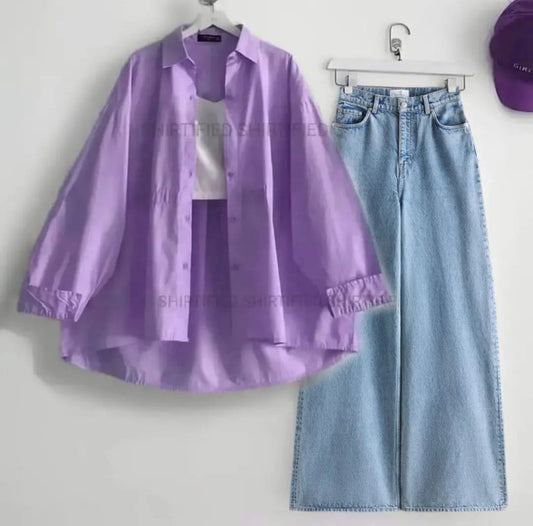 Lilac Button down shirt with iceblue wideleg jeans