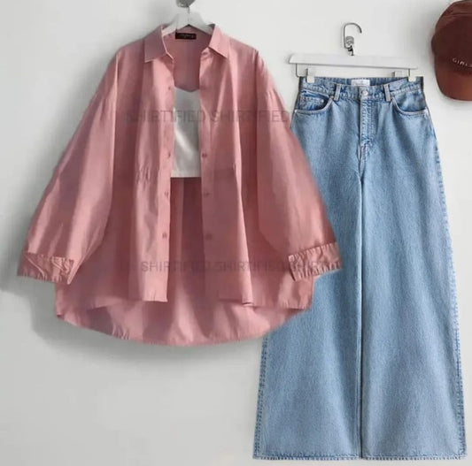Tea pink Button down shirt with iceblue wideleg jeans