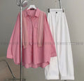 Pink Button down shirt with white wideleg jeans