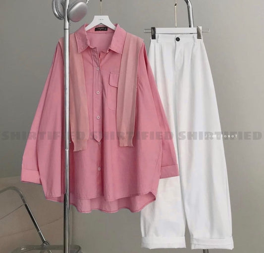 Pink Button down shirt with white wideleg jeans