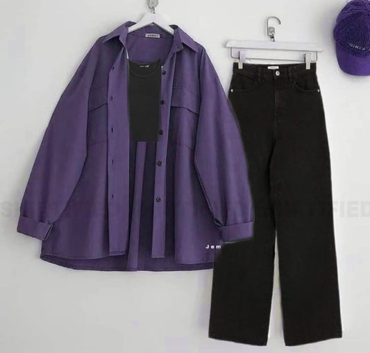 dark Purple Button down shirt with black wideleg jeans