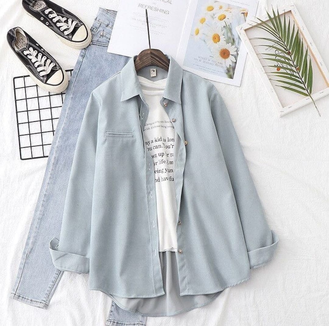 Light blue Button down shirt with  iceblue wideleg jeans