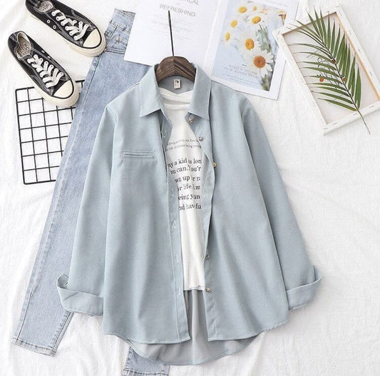 Light blue Button down shirt with  iceblue wideleg jeans